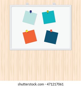 Blank Colorful Sticky Notes, Post it note with pin on board on wood background, vector illustration.