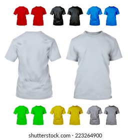 Blank colour Female T-Shirt White, Red, Black, Blue, Green, Yellow, Gray Melange for Business Branding and Corporate Identity. Isolated on White