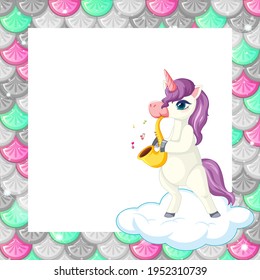 Blank colourful fish scales frame template with cute unicorn cartoon character illustration