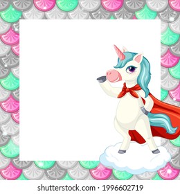 Blank colourful fish scales frame template with cute unicorn cartoon character illustration