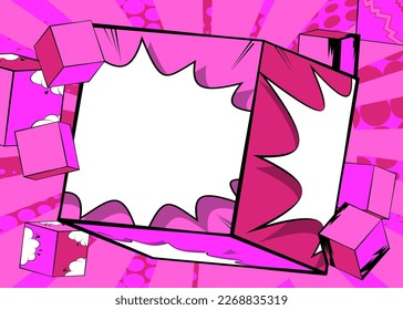 Blank comic book copy space on a pink cube shape. Comics cartoon background template.
