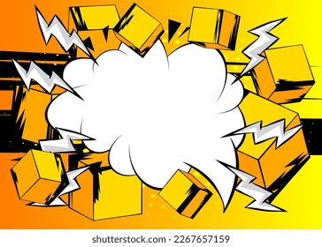 Blank comic book speech bubble background with cube shapes. Yellow comics cartoon template.