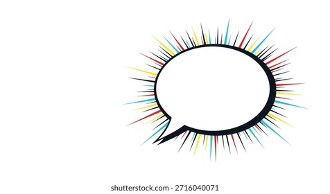 Burbuja de discurso de estilo de cómic en blanco con vibrantes líneas de acción radiantes y coloridas para mensajes creativos y anuncios expresivos.
