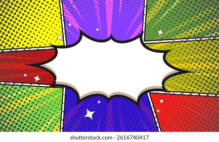 Blank Comic books dialog splash bubble pop art frame background with star and halftone texture