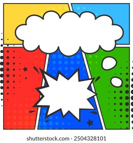 Blank comic books speech bubbles. Black and white speech balloons with halftone pattern shadows, Vector illustration