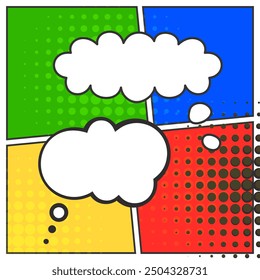 Burbujas de discurso de cómics en blanco. Globos de discurso en blanco y negro con sombras de patrón de semitono, Ilustración vectorial