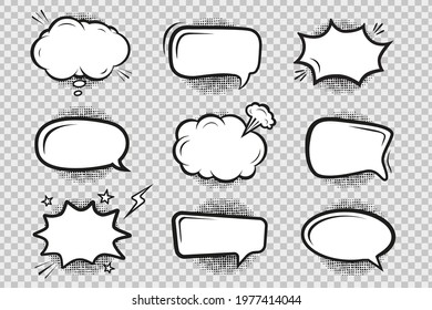 Blank comic bubbles and elements with black halftone shadows on transparent background. Collection of speech balloons in pop art style.