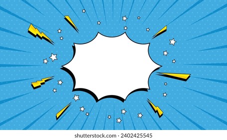 Blank comic cartoon blue background with star and thunder lightning. empty dialog background thunder lightning. Comic background cartoon style