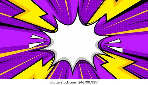 Blank comic cartoon purple background with thunder lightning. empty dialog background thunder lightning. Comic background cartoon style