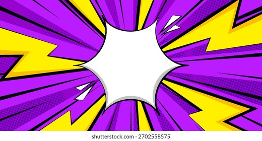 Fondo púrpura de dibujos animados cómicos en blanco con relámpagos de truenos. fondo de diálogo vacío relámpagos de truenos. Estilo de dibujos animados de fondo cómico