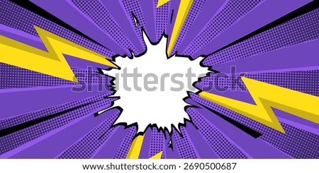 Blank comic cartoon purple background with thunder lightning, cartoon pop art style with empty dialog bubble