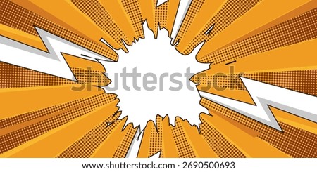 Blank comic cartoon purple background with thunder lightning, cartoon pop art style with empty dialog bubble