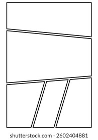 Blank comic page template with different rectangular and angled panels. Thick black lines create a clean, sharp frame, ready to be filled with illustrations and text. Ideal for comic artists