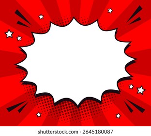 Blank comic speech bubble or burst balloon text template in retro pop art style with halftone dots, stars, quotation marks and red ray background. Vector illustration.