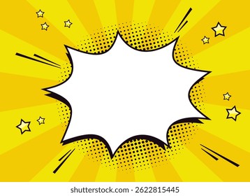 Blank comic speech bubble template for text in retro pop art style with halftone dots, stars, quotation marks and ray background. Vector illustration.