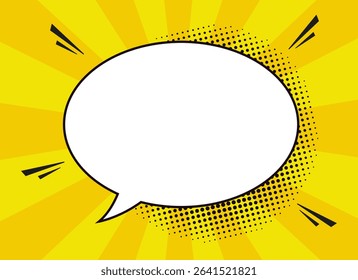 Blank comic speech bubble template for text in retro pop art style with halftone dots, quotation marks and ray background. Vector illustration.