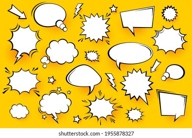 Blank comic speech bubbles with halftone shadows on yellow background. Hand drawn retro cartoon stickers. Pop art style. Vector illustration.