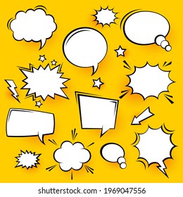 Blank comic speech bubbles with halftone shadows on yellow background. Hand drawn retro cartoon stickers. Pop art style. Vector illustration.