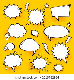 Blank-Comic-Sprachblasen mit halftonischen Schatten auf gelbem Hintergrund. Handgezeichnete Retro-Cartoon-Aufkleber. Pop Art Stil. Vektorgrafik.