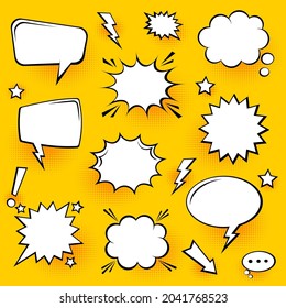 Blank comic speech bubbles with halftone shadows on yellow background. Hand drawn retro cartoon stickers. Pop art style. Vector illustration.