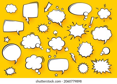 Blank comic speech bubbles with halftone shadows on yellow background. Hand drawn retro cartoon stickers. Pop art style. Vector illustration.