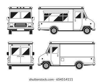 Blank commercial food truck in different points of view. Outline vector template for you advertising. Vehicle van for retail street illustration