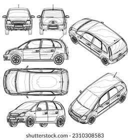 Blank compact car template for branding or advertising. Car outline on white background. Set with the contours of a passenger car from black lines Isolated on white background. Vector illustration. 3D