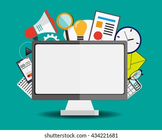 blank computer screen with mobile devices and office supplies. web design and business concept