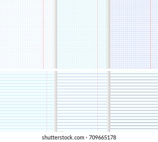 Blank Copy Book Sheets. Lined & Squared Texture. Vector Illustration
