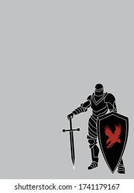 Blank Copy Space Card With Hand Drawn Black Knight With Shield And Red Eagle Silhouette