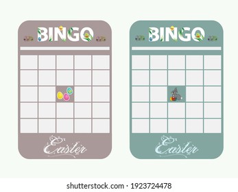 Blank Copy Space Easter Bingo Cards Decorated With Bunny Easter Eggs And Text In Light Green And Light Brown