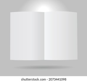 blank copybook, magazine, book mockup on gray background with light from behind, white paper pages templete with soft light on gray background. Minimalist vector illustration.