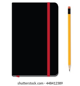 Blank copybook template with elastic band and bookmark. Black notebook moleskin and yellow pencil with eraser. Stationery tools