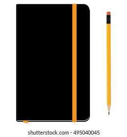 Blank copybook template with elastic band and bookmark. Black notebook moleskin and yellow pencil with eraser. Stationery tools