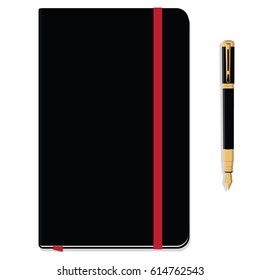 Blank copybook template with red elastic band and bookmark. Black notebook moleskin and fountain pen. Stationery tools