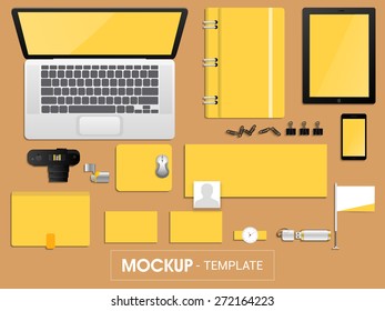 Blank corporate identity or mockup template in yellow and white color including Digital Devices, File Folder, Envelope, Visiting Cards etc.