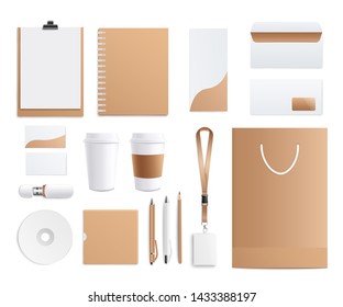 Blank corporate identity templates set in white and beige colors realistic style, vector illustration isolated on white background. Top view brown business stationery mockups collection