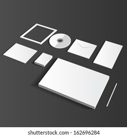 Blank Corporate Set isolated on grey Business cards, Folder, envelopes, a4 letterheads, notebooks, flash, pencile, cd disk and smart phones.