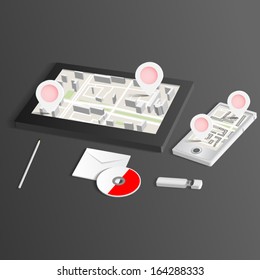 Blank Corporate Set isolated on grey Business cards, Folder, envelopes, a4 letterheads, notebooks, flash, pencile, cd disk and smart phones.