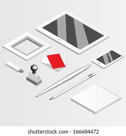 Blank Corporate Set isolated on grey Business cards, Folder, envelopes, a4 letterheads, notebooks, flash, pencile, cd disk and smart phones.