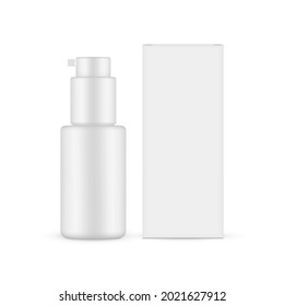 Blank Cosmetic Bottle with Dispenser, Packaging Box Mockup, Front View, Isolated on White Background. Vector Illustration