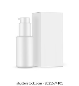 Blank Cosmetic Bottle with Dispenser, Paper Packaging Box Mockup, side View, Isolated on White Background. Vector Illustration