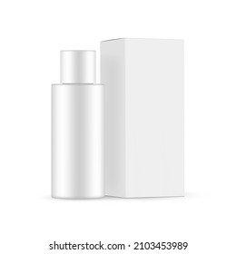 Blank Cosmetic Bottle Mockup with Packaging Box Side View, Isolated on White Background. Vector Illustration