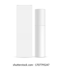 Blank cosmetic bottle with paper box mockup isolated on white background. Vector illustration