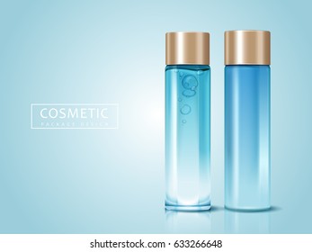 blank cosmetic bottles for design uses, can be used as design elements, light blue background 3d illustration