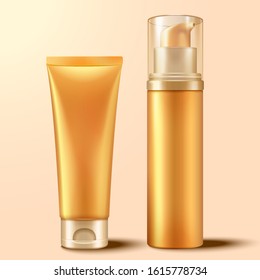Blank cosmetic container set in gold color, 3d illustration