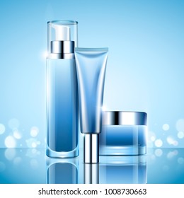 Blank cosmetic container set, light blue series bottle and jar for design uses in 3d illustration, bokeh background