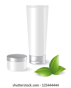 Blank cosmetic containers with green leafs