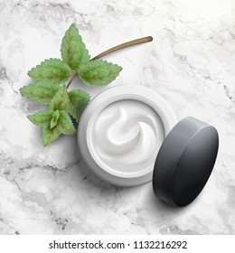 Blank cosmetic cream jar mock up on marble stone table with mints in top view angle, 3d illustration