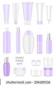 Blank cosmetic cream tubes on white background.Light violet, white and silver colors. Place for your text. Vector